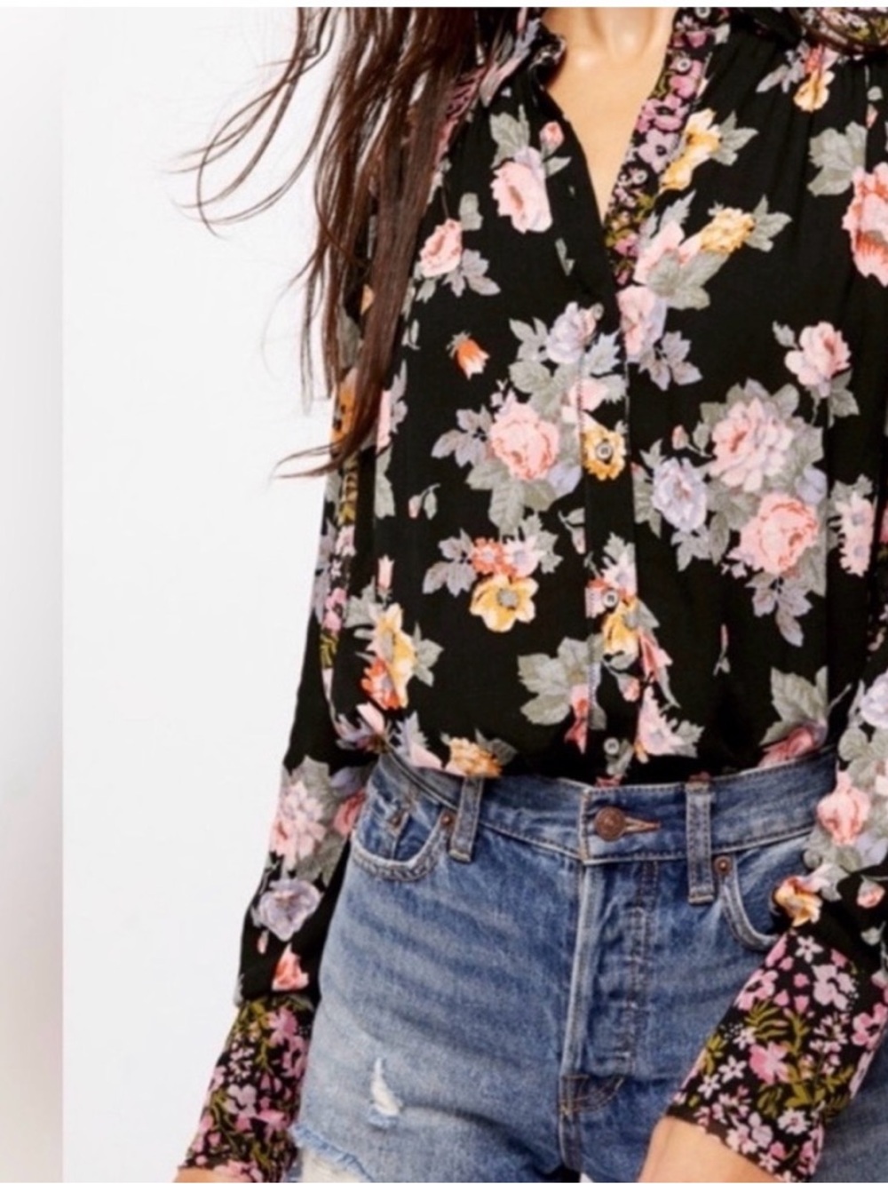 Free People Hold On To Me - Black Floral Button-Front Long-Sleeve Top - XS